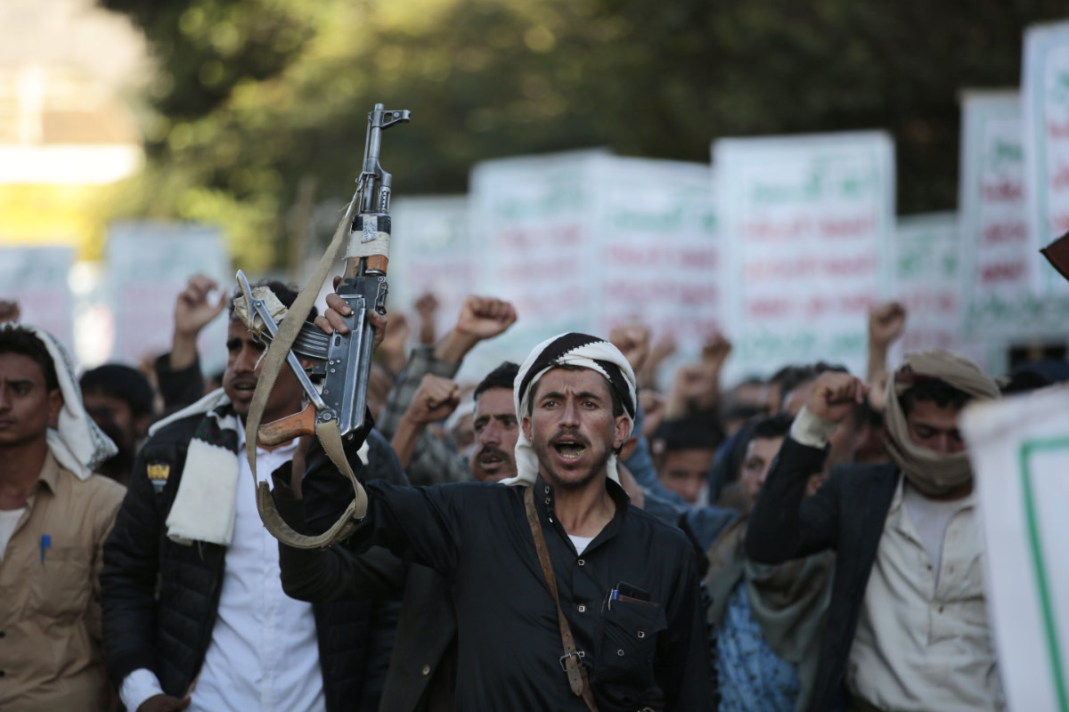 Houthi supporters demonstrate in Sanaa against US support to the Yemeni government on Nov. 22, 2021. (AP Photo/ File)