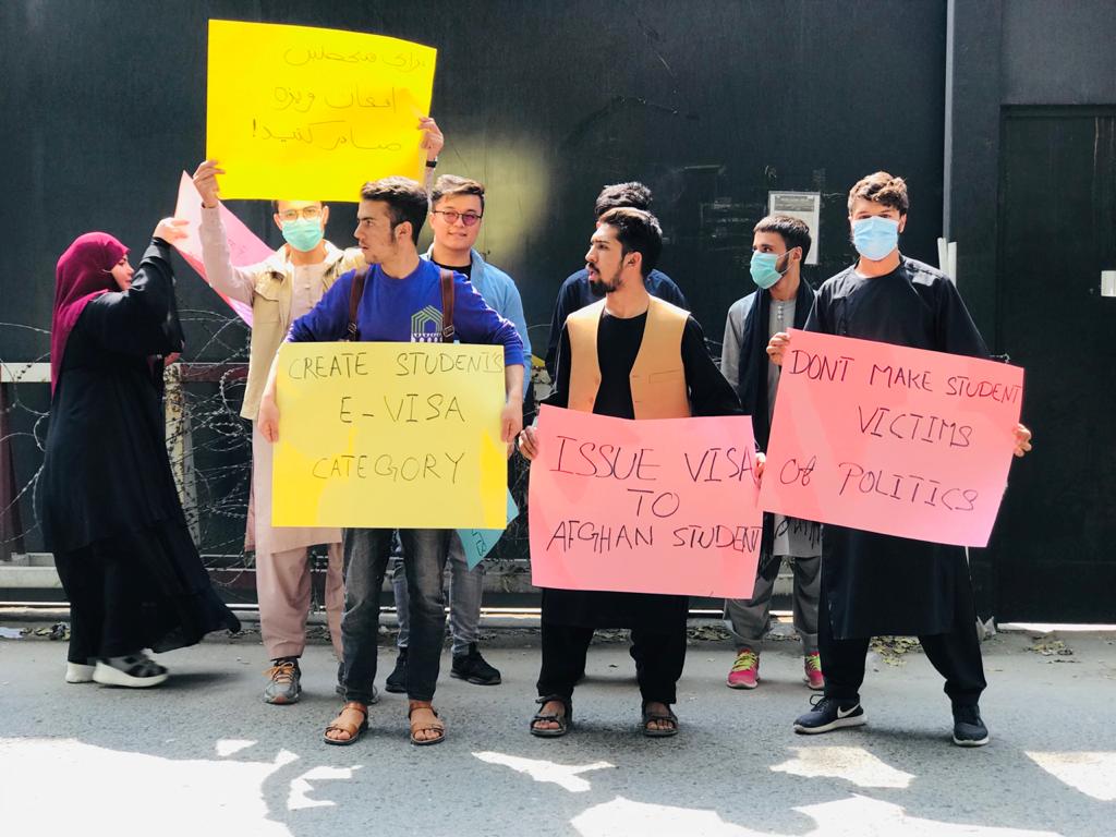 Afghan students stage a protest in front of the Indian Embassy building in Kabul in October. (Photo courtesy: Ishaq Shafi)