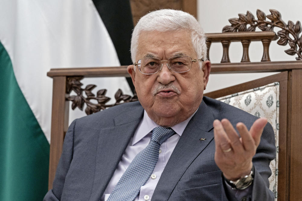 In this file photo taken on May 25, 2021, Palestinian president Mahmud Abbas gives a joint statement with the US secretary of state, at the Palestinian Authority (PA) headquarters in the West Bank city of Ramallah. (AFP)