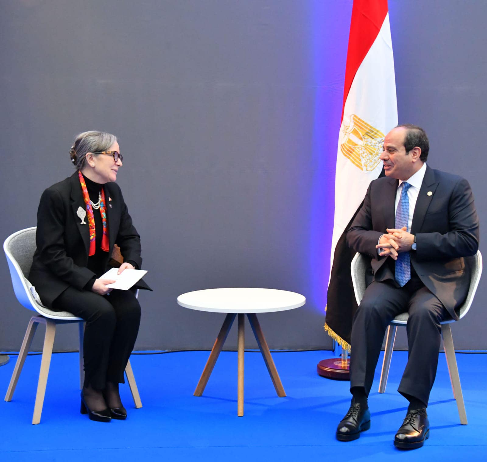 Egyptian President Abdel Fattah El-Sisi meets Tunisian Prime Minister Najla Bouden on the sidelines of the One Ocean Summit in Brest, France. (Facebook/Spokesman of the Egyptian Presidency)