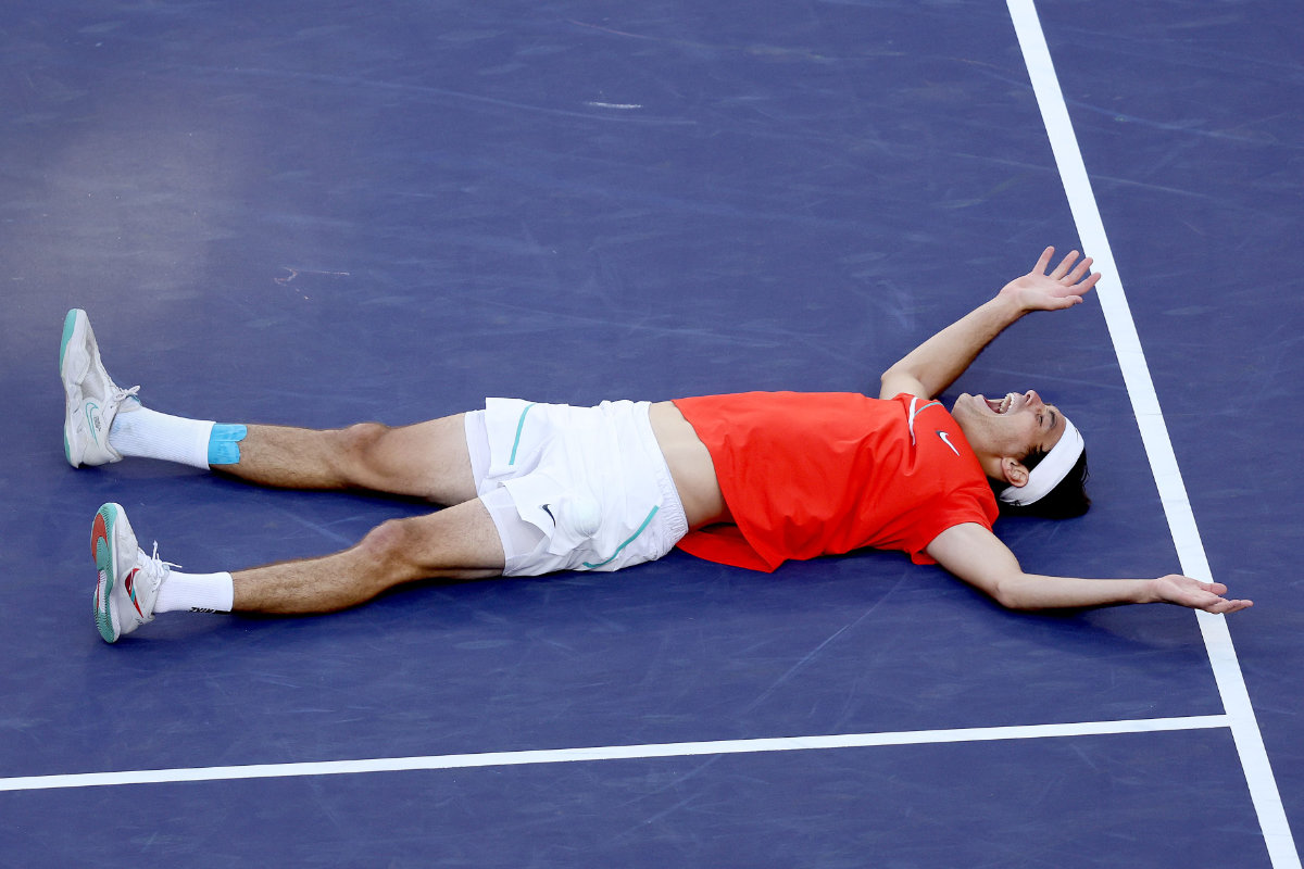 Taylor Fritz celebrates match point against Rafael Nadal of Spain during the men's final of the BNP Paribas Open at the Indian Wells Tennis Garden on March 20, 2022 in California. (Matthew Stockman/Getty Images/AFP)
