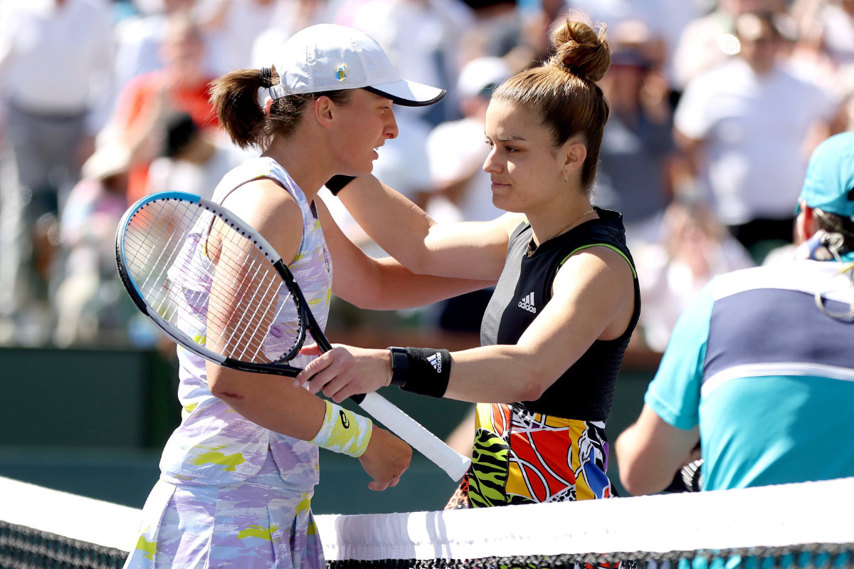 Iga Swiatek of Poland is congratulated by Maria Sakkari of Greece after their match in the women's final on March 20, 2022 in Indian Wells, California. (Matthew Stockman/Getty Images/AFP)