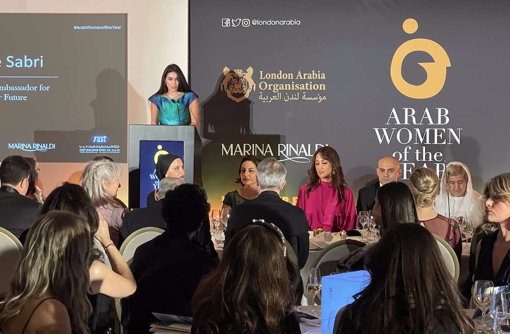 Egyptian actress Yasmine Sabri, who has been chosen as the ambassador of the “Unlock Her Future” campaign, speaks during the ceremony. (AN Photo/Sarah Glubb)