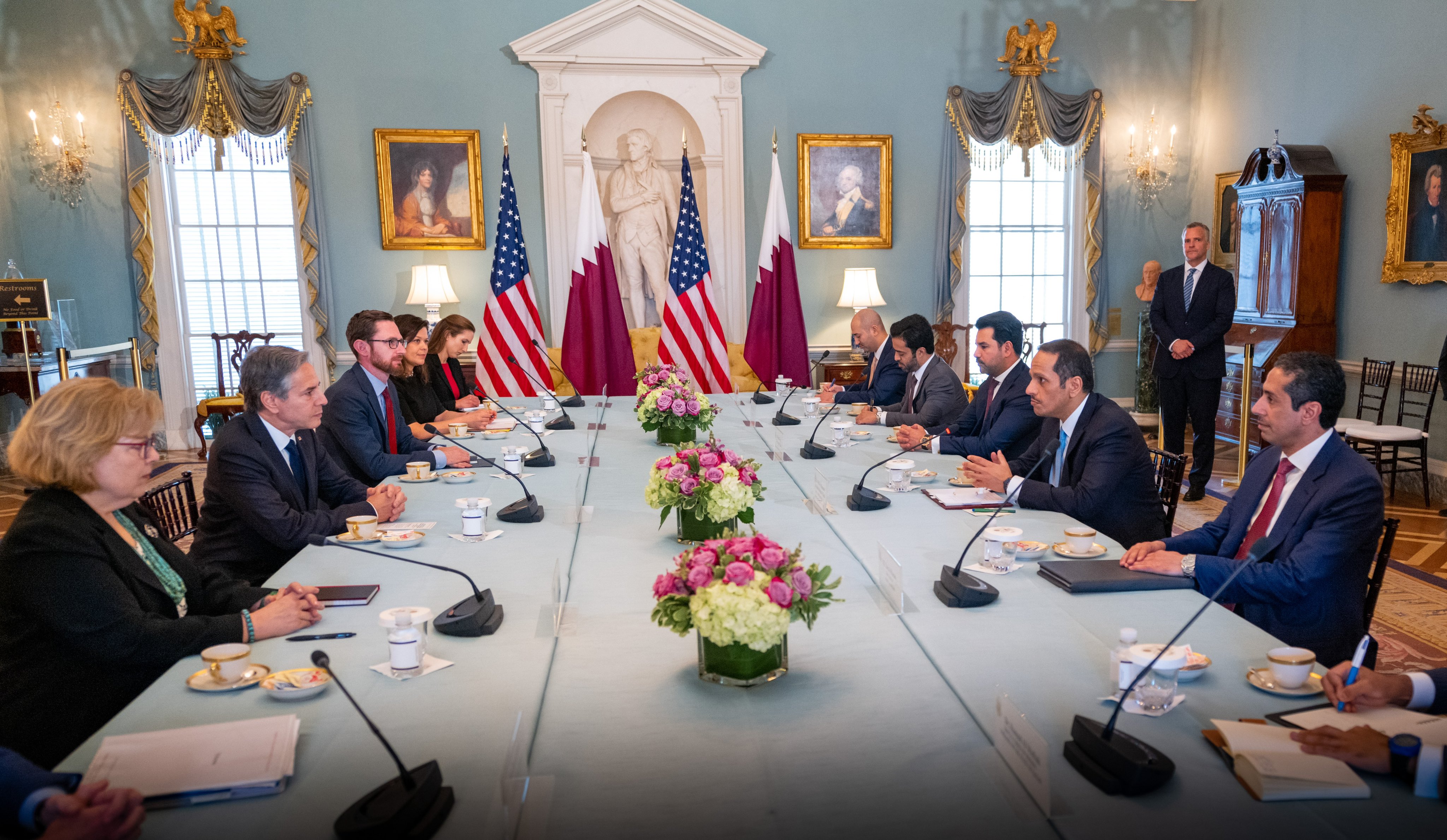 US Secretary of State Antony Blinken meets with Qatar’s foreign minister in Washington on Monday. (@MBA_AlThani_)