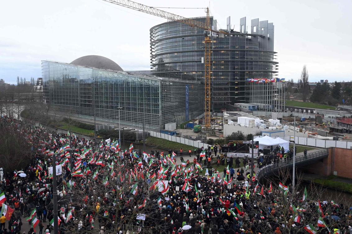 People take part in a rally against the Iranian regime in front of the European Parliament in Strasbourg, eastern France on January 16, 2023. (AFP)
