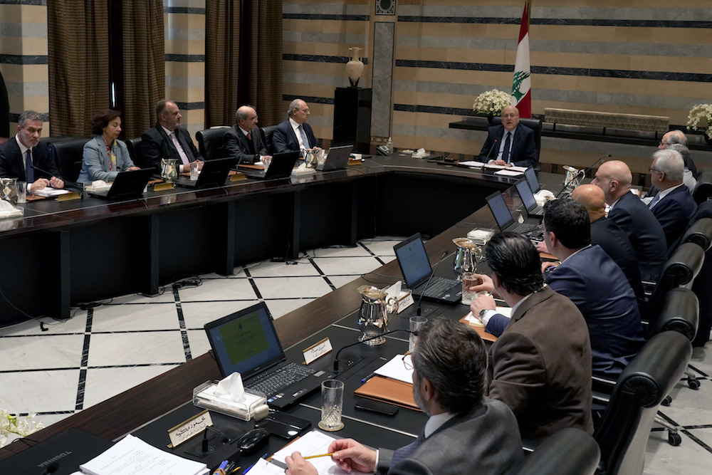 Lebanese caretaker Prime Minister Najib Mikati, center right, heads the cabinet meeting in Beirut, Lebanon, Wednesday, Jan. 18, 2023. (AP)