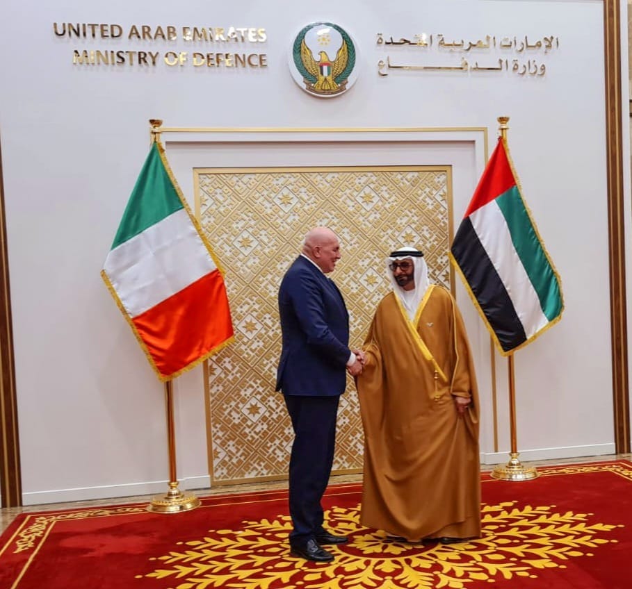 Italian Defense Minister Guido Crosetto meets with his Emirati counterpart Mohammed Ahmed Al-Bowardi in Abu Dhabi on Tuesday. (Italy’s Ministry of Defense)