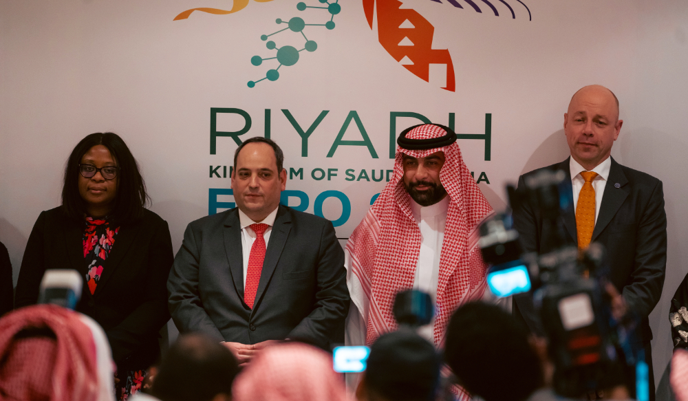 (R to L), Patrick Specht, president of the BIE Administration and Budget Committee, Fahd Al-Rasheed Chief Executive Officer of the Royal Commission for Riyadh City, and BIE Secretary-General Dimitrios Kerkentzes. (AN Photo: Abdulrahman Shalhoub)