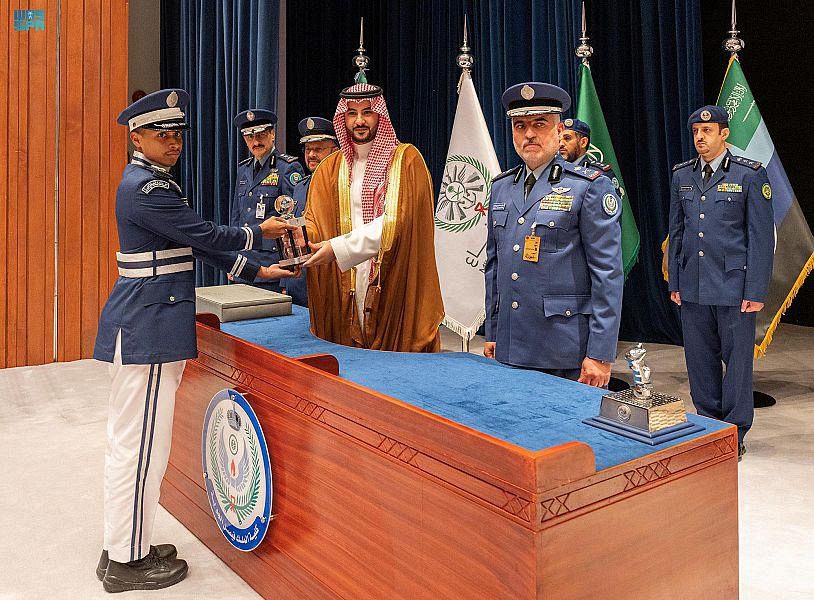Saudi Arabia’s minister of defense Prince Khalid bin Salman attended the graduation ceremony of the 102nd batch of King Faisal Air Academy in Riyadh. (SPA)