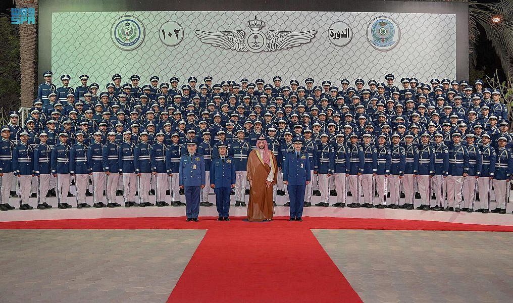 Saudi Arabia’s minister of defense Prince Khalid bin Salman attended the graduation ceremony of the 102nd batch of King Faisal Air Academy in Riyadh. (SPA)