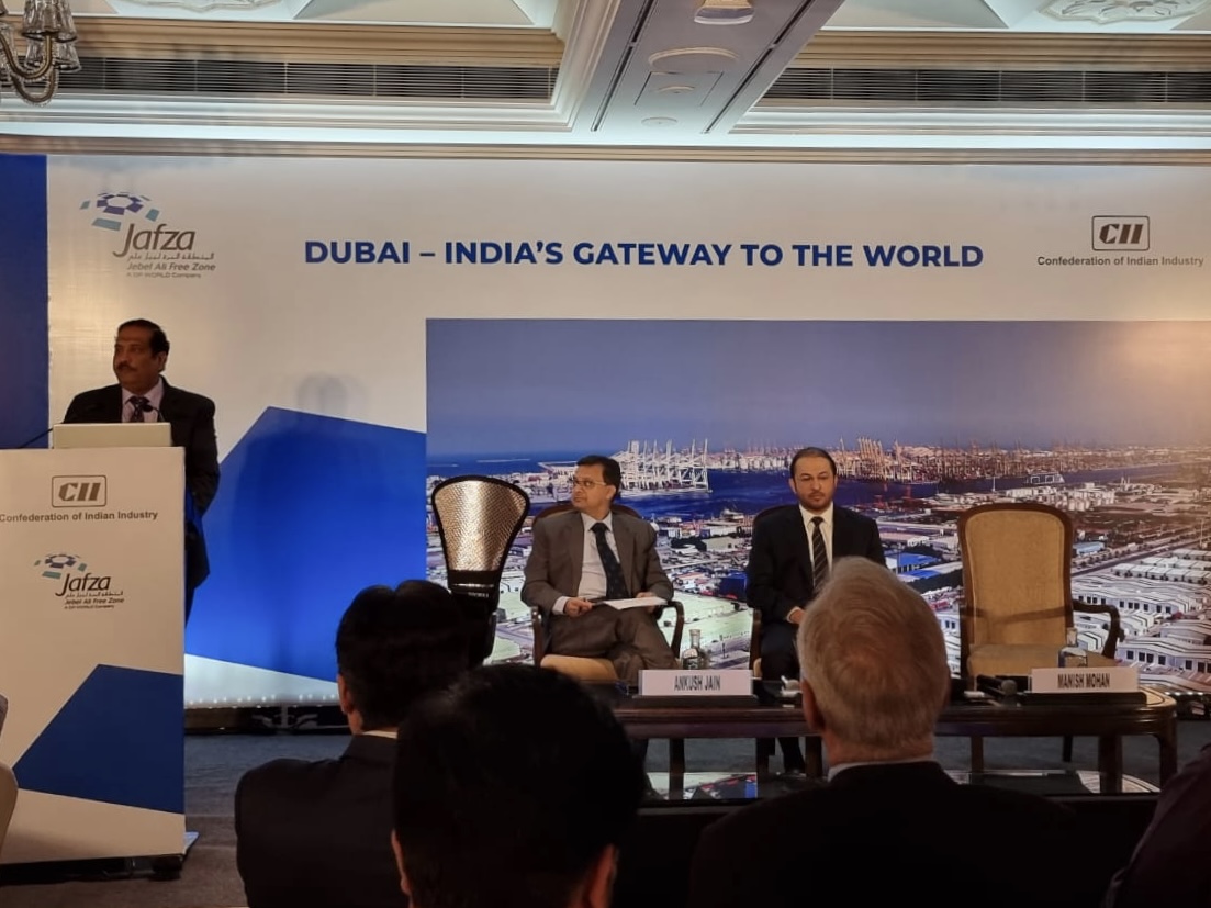 The Confederation of Indian Industry and Jebel Ali Free Zone host the “Dubai — India’s Gateway to the World” session in New Delhi on May 11, 2023. (AN photo)
