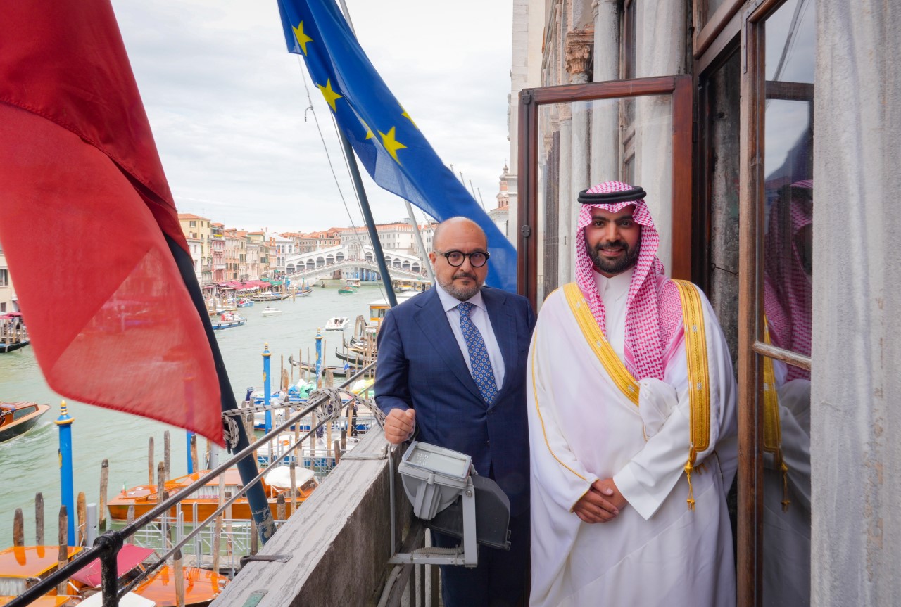 Saudi Culture Minister Prince Bader bin Abdullah bin Farhan and his Italian counterpart Gennaro Sangiuliano after signing the MoU at a ceremony in Venice, Italy on May 19, 2023. (Supplied)
