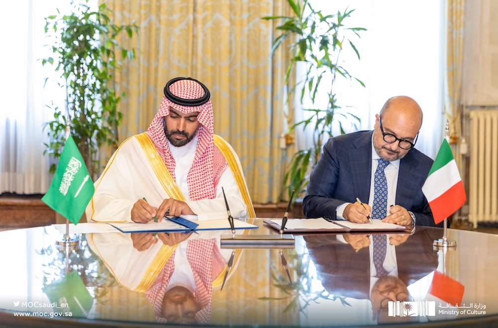 Saudi Culture Minister Prince Bader bin Abdullah bin Farhan and his Italian counterpart Gennaro Sangiuliano after signing the MoU at a ceremony in Venice, Italy on May 19, 2023. (Supplied)