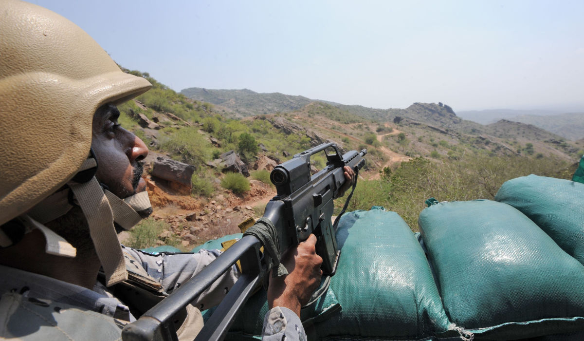 Saudi border guards keep watch along the border with Yemen in the al-Khobh area in the southern Jazan province. (AFP file photo)