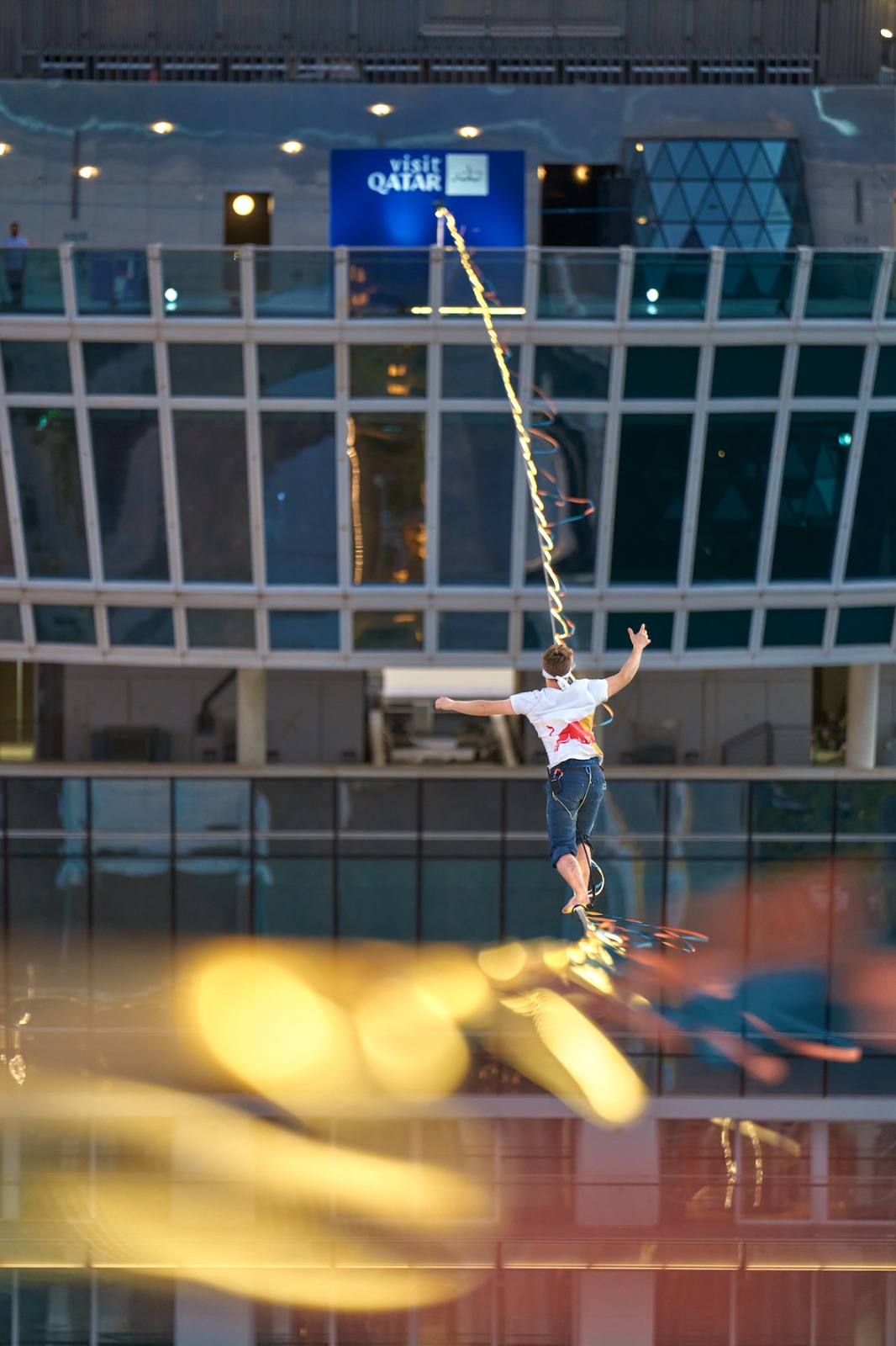 Red Bull athlete Jaan Roose on Sunday completed the world’s longest LED-lit, single building slackline walk in Qatar. (Supplied)
