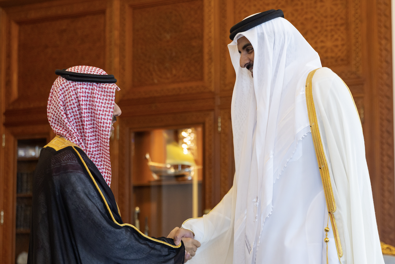 Sheikh Tamim bin Hamad Al-Thani and Prince Faisal bin Farhan meet in Doha on Tuesday. (SPA)