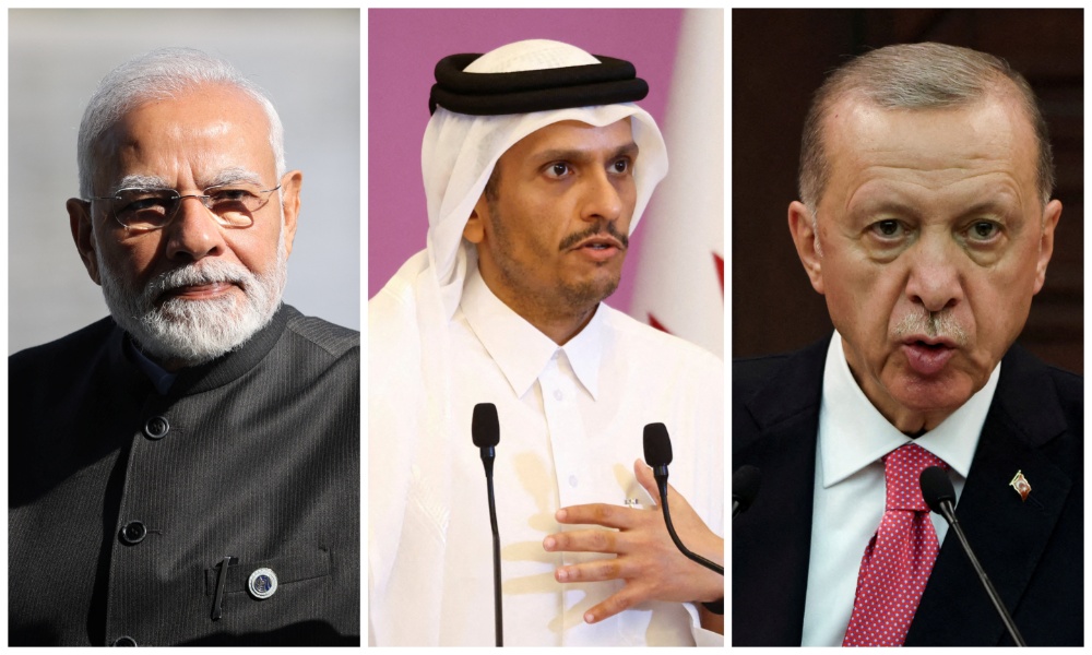 Indian Prime Minister Narendra Modi, Turkish President Recep Erdogan and Qatar’s Prime Minister Sheikh Mohammed bin Abdulrahman Al-Thani will head their countries’ delegations. (Reuters/File Photos)