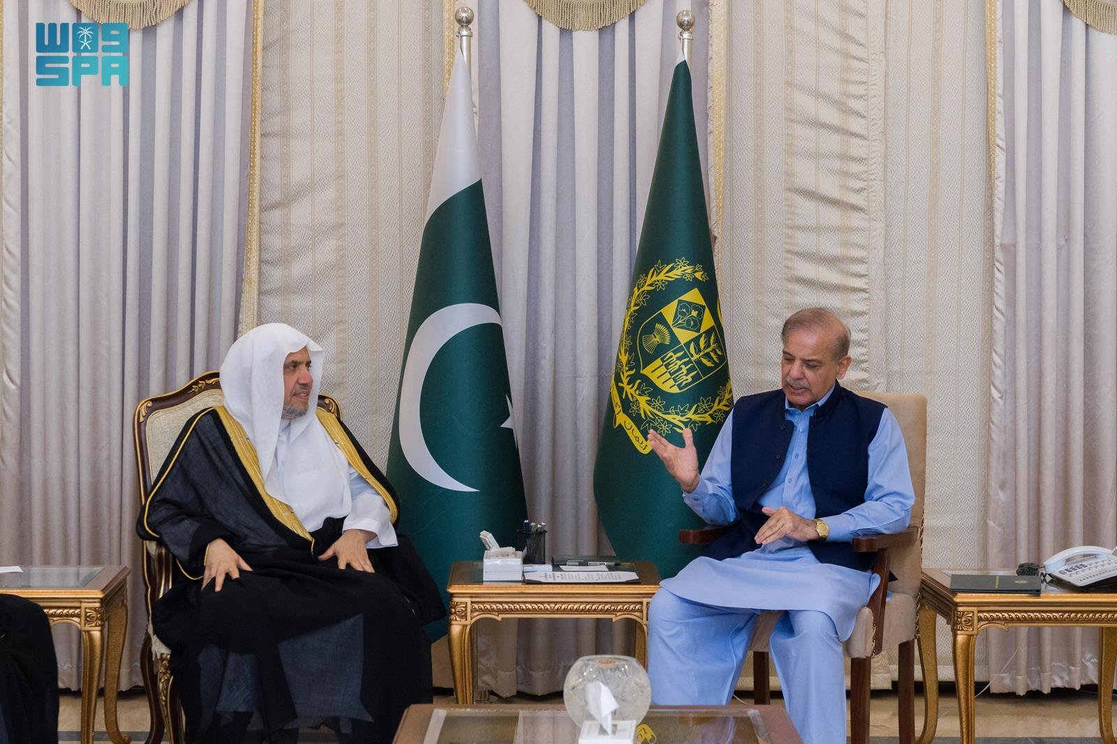 Pakistani Prime Minister Shehbaz Sharif receives Muslim World League chief Dr. Mohammed bin Abdulkarim Al-Issa in Islamabad. (SPA)