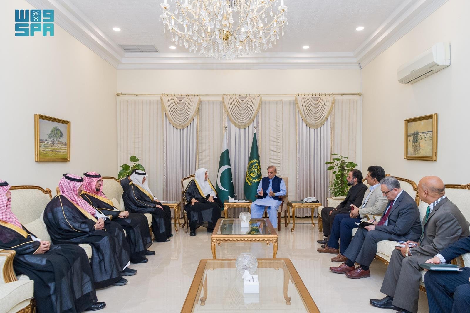 Pakistani Prime Minister Shehbaz Sharif receives Muslim World League chief Dr. Mohammed bin Abdulkarim Al-Issa in Islamabad. (SPA)