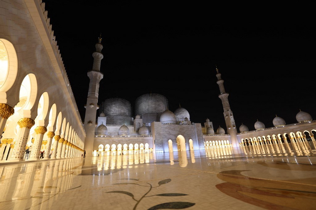 This picture shows a general view of the Sheikh Zayed Grand Mosque in Abu Dhabi on February 9, 2023. (AFP)