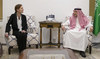 Waleed bin Abdulkarim Al-Khuraiji hold talks with Anne Gueguen in Riyadh. (SPA)