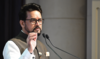 Indian Minister of Sports Anurag Singh Thakur delivers a speech during a send off ceremony for Indian athletes.