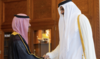 Sheikh Tamim bin Hamad Al-Thani and Prince Faisal bin Farhan meet in Doha on Tuesday. (SPA)