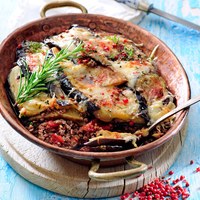 Traditional greek moussaka casserole with eggplant and ground lamb or beef