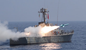 An Iranian “Noor” long-range anti-ship missile is fired from a warship during an Iranian navy military drill in the Gulf of Oman. (File/AFP)