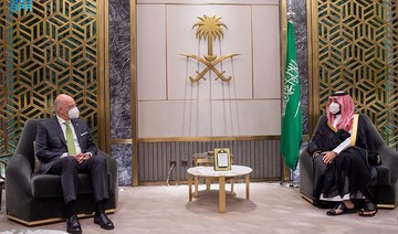 Saudi Arabia's Crown Prince Mohammed bin Salman meets Greece's Foreign Minister Nikos Dendias. (SPA)