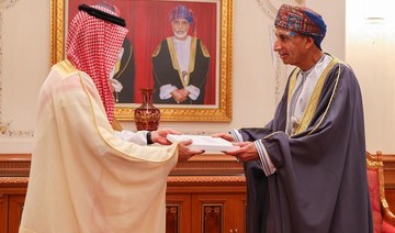 Saudi Arabia’s Foreign Minster Prince Faisal bin Farhan meets Oman’s Deputy Prime Minister for Cabinet Affairs Fahd bin Mahmoud. (SPA)q