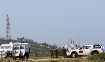 A patrol unit of the United Nations peacekeeping force in Lebanon (UNIFIL) is stationed in the southernmost Lebanese town of Naqura by the border with Israel. (AFP/File Photo)
