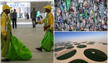 Clockwise from left: Sanitation workers collect litter during the annual Hajj pilgrimage in the holy city of Makkah; piles of plastic bottles before they are recycled; circular fields, part of the green oasis of Wadi Al-Dawasir. (AFP/File Photos)