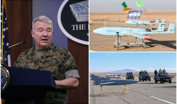 Clockwise from left: Marine Corps Gen. Kenneth F. McKenzie, commander of US Central Command; drones on display at an undisclosed location in central Iran; Iranian military officials inspecting drones on display. (AFP/Iranian Military Office/File Photos)