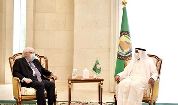 Secretary-General of the Gulf Cooperation Council Nayef Al-Hajraf holds talks with UN envoy to Yemen Martin Griffiths in the Saudi capital, Riyadh. (Twitter/@GCCSG)