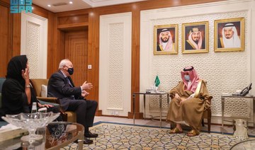 Saudi Arabia’s Foreign Minister Prince Faisal bin Farhan meets UN High Representative for the Alliance of Civilizations (UNAOC) Miguel Moratinos. (SPA)