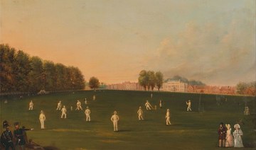 Painting of the first grand match of cricket played by members of the Royal Amateur Society on Hampton Court Green, August 3rd, 1836. (Artist unknown/Wikimedia Commons)