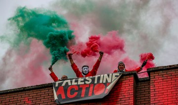 Activists from UK-based Palestine Action occupied the Elbit Ferranti site in Oldham, Manchester, after scaling the roof, chaining the gates shut and smearing red paint over the factory’s walls. (Twitter/@Pal_action)