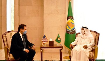 Dr. Nayef Al-Hajraf, secretary-general of the Gulf Cooperation Council, meets Daniel Benaim, US deputy assistant secretary of state for Arabian Peninsula affairs. (GCC)