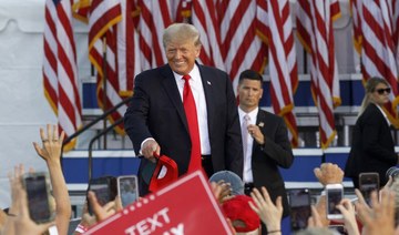 Former US President Donald Trump arrives for his campaign-style rally in Wellington, Ohio on June 26, 2021. (AFP)