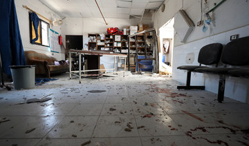 Blood stains are visible on June 13, 2021, in one of the rooms of the Al-Shifaa hospital, a day after it was hit by artillery shells in the rebel-held northern Syrian city of Afrin