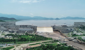  This handout picture taken on July 20, 2020 shows an aerial view Grand Ethiopian Renaissance Dam on the Blue Nile River in Guba, northwest Ethiopia. (AFP)