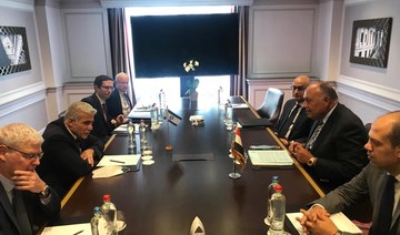 Egyptian Foreign Minister Sameh Shoukry meets his Israeli counterpart Yair Lapid in Brussels. (Twitter/@MfaEgypt)