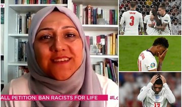 Mother-of-two Huda Jawad (L) said during an interview on British TV the type of racism suffered by Bukayo Saka (right, top), Marcus Rashford (right, center) and Jadon Sancho (right, bottom) puts people off watching English soccer. (Screenshot/AP/AFP/UEFA)