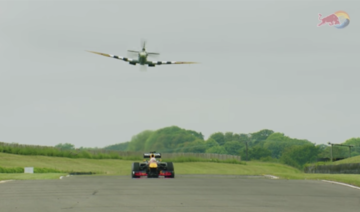 Max Verstappen took on an iconic red London bus and London black cab, and even a common white van, before challenging the legendary Spitfire fighter plane. (Screenshot/Red Bull)