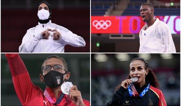Clockwise from top left: Egyptian Feryal Abdelazi, Saudi Arabia’s Tarek Hamdi, Bahrain’s Kalkidan Gezahegne and Egypt’s Ahmed Elgendy all made it a memorable day for Arab sport. (AFP)