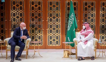 Saudi Crown Prince Mohammed bin Salman meets FIFA President Gianni Infantino, and Patrice Motsepe, president of the Confederation of African Football. (SPA)