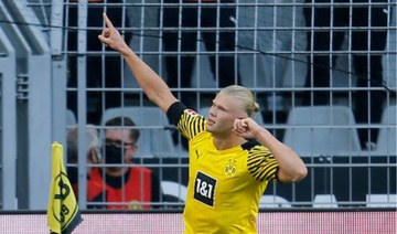Borussia Dortmund’s Erling Haaland celebrates scoring their third goal against Eintracht Frankfurt on Saturday at Signal Iduna Park, Dortmund. (Reuters)