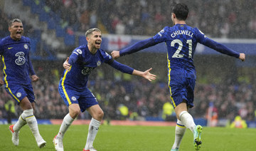 Chelsea's Ben Chilwell celebrates after scoring his side's third goal during the English Premier League match between Chelsea and Southampton at Stamford Bridge Stadium in London, Saturday, Oct. 2, 2021. (AP)