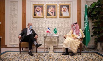Saudi Foreign Minister Prince Faisal bin Farhan meets with French Foreign Minister Jean-Yves Le Drian in Riyadh. (SPA)